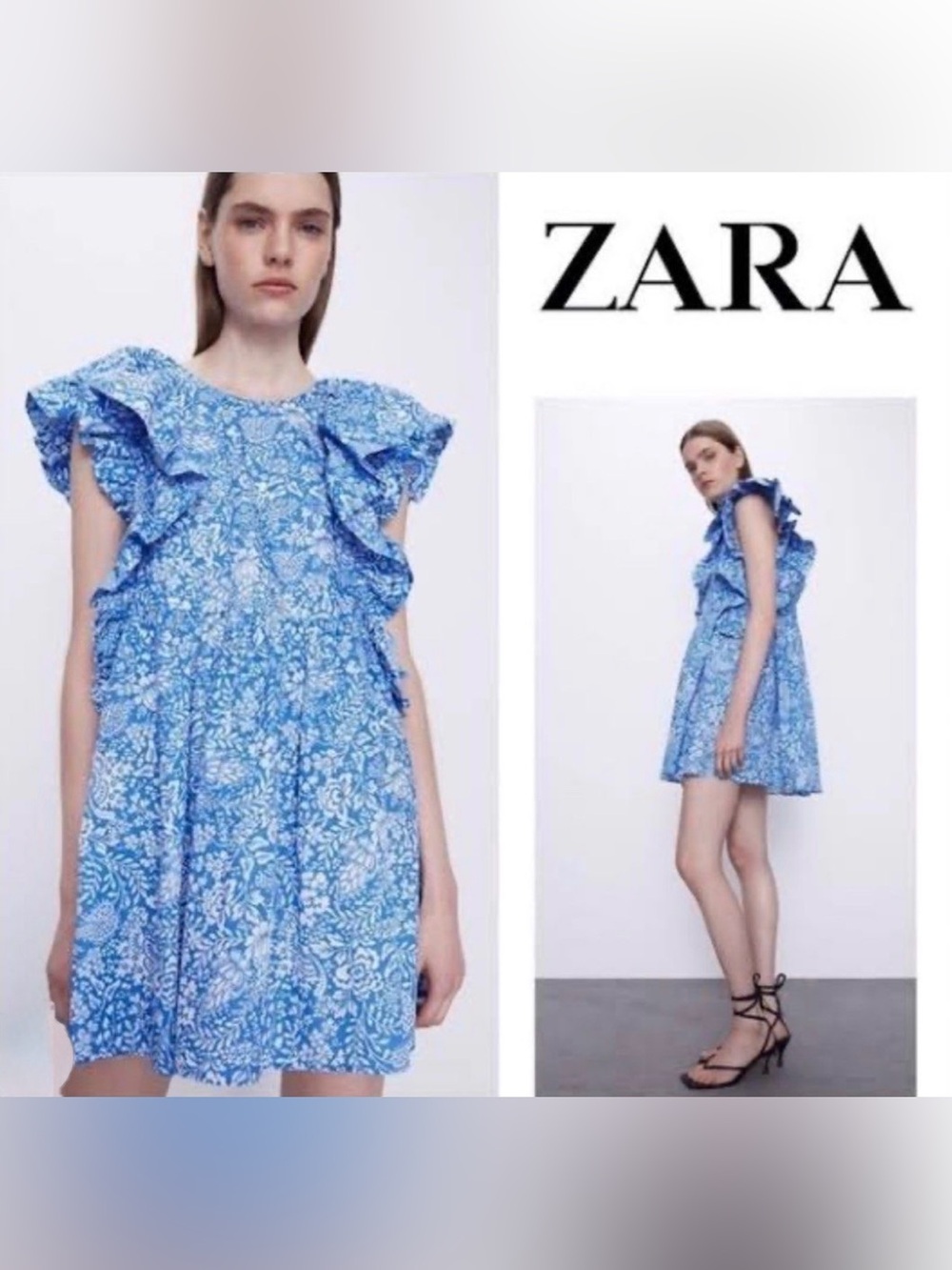 ZARA Blue & White Floral Ruffle Mini Dress